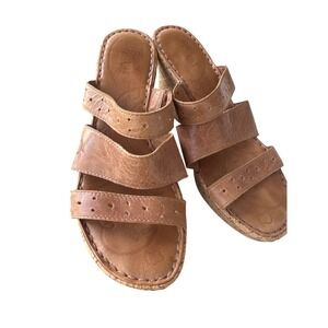 Womens BORN Marjorie Brown Leather Cork Wedge Platform Slides Sandals Heels SZ 7